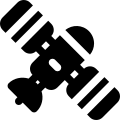 Communication satellite with charging solar panel and dish signal icon