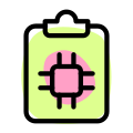 Research and development of microprocessor on a clipboard icon