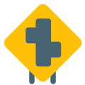 Road with multiple intersection roads on a road sign icon