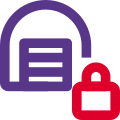 Locked storage warehouse with padlock logotype layout icon