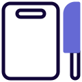Cutting board with knife chopping the veggies and meat icon