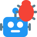 Bug in a robotic programming resolve with a patch isolated on a white background icon