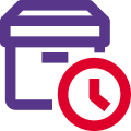 Shipping box delivery in queue with clock logotype icon