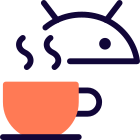 Android bot with a coffee cup isolated on a white background icon