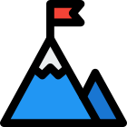 Mission accomplished concept with flag on mountain peak icon