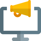 Computer broadcasting message online with megaphone logotype icon