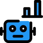 Robot with statics bar graph isolated on a white background icon