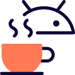 Android bot with a coffee cup isolated on a white background icon