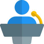Team leader delivering speech with microphone on podium icon
