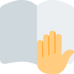 Stop and gesture on a open book isolated on a white background icon