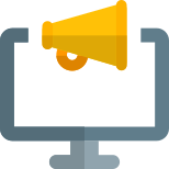 Computer broadcasting message online with megaphone logotype icon