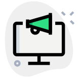 Computer broadcasting message online with megaphone logotype icon