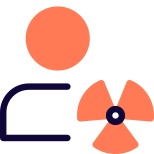 Nuclear plant engineers with radioactive logotype layout icon