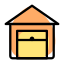 Open garage with large box in storage unit icon