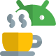 Android bot with a coffee cup isolated on a white background icon