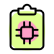 Research and development of microprocessor on a clipboard icon