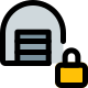 Locked storage warehouse with padlock logotype layout icon