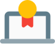 Online gaming on laptop award trophy with single ribbon icon
