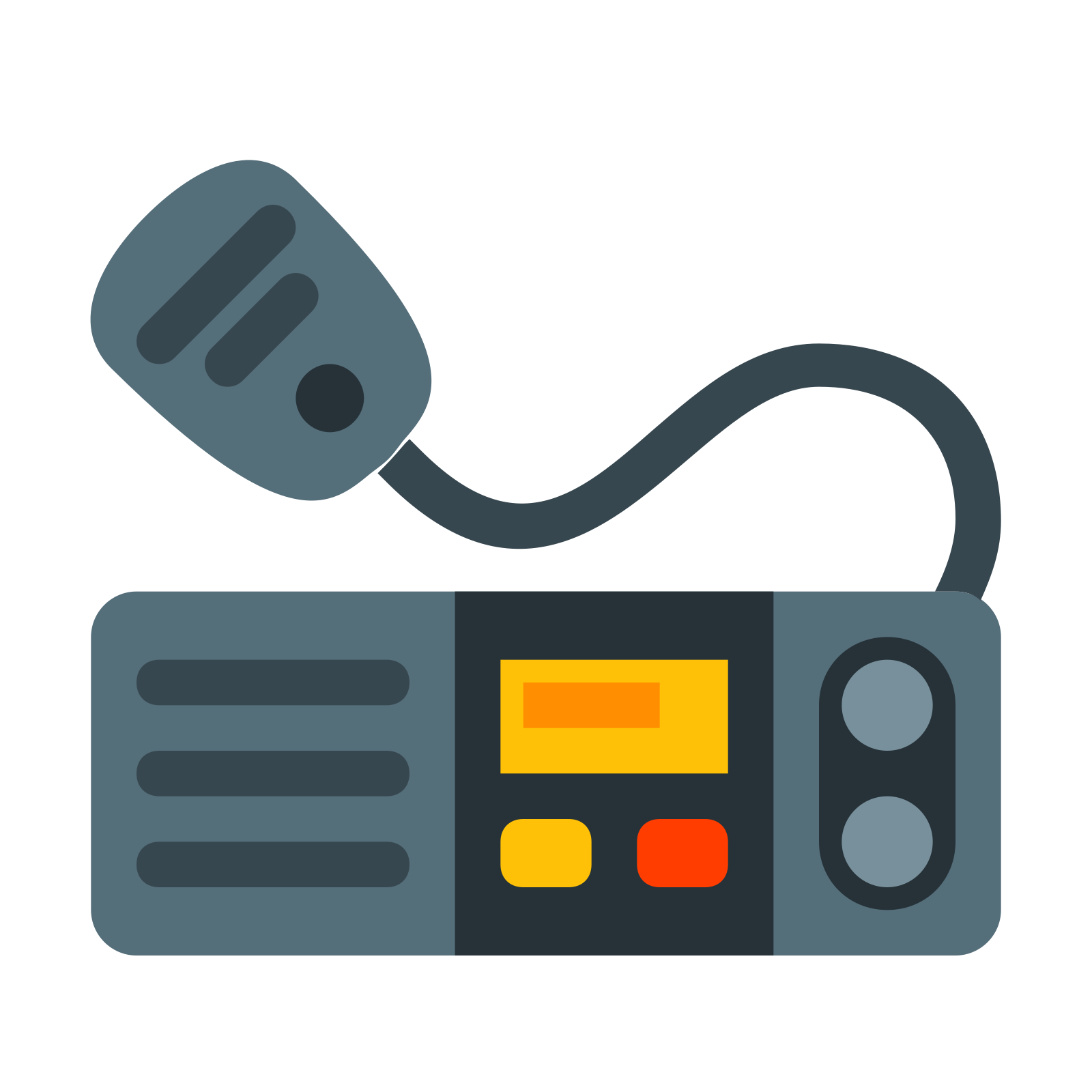 is a rectangular device with a handheld microphone attached to