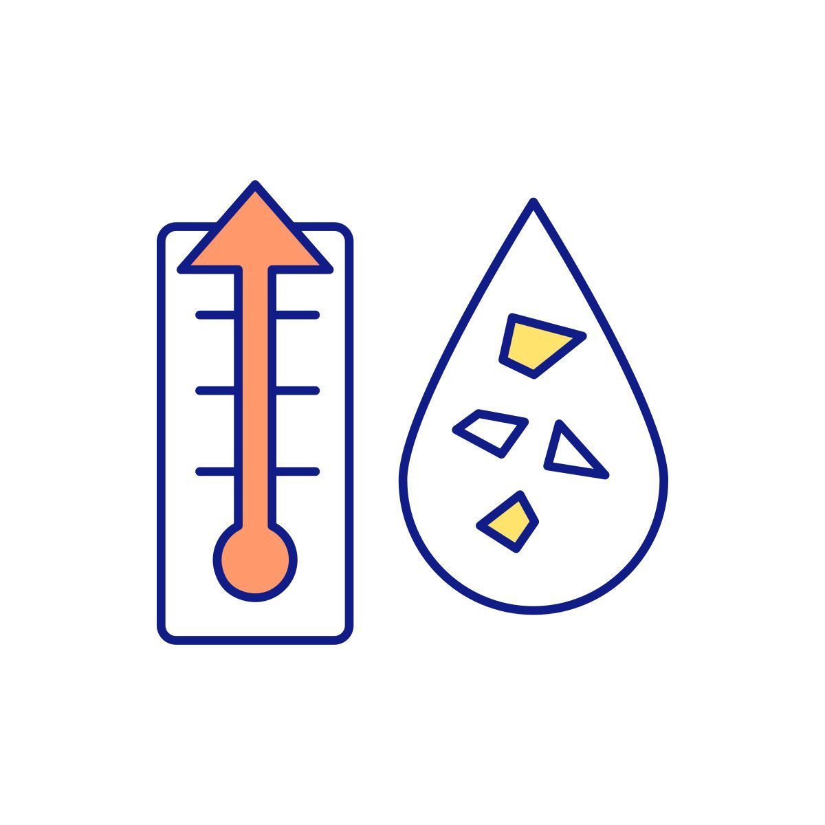 thermometer next to microplastic particles icon