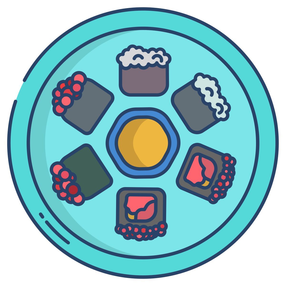gunkan maki and futomaki sushi and uramaki icon